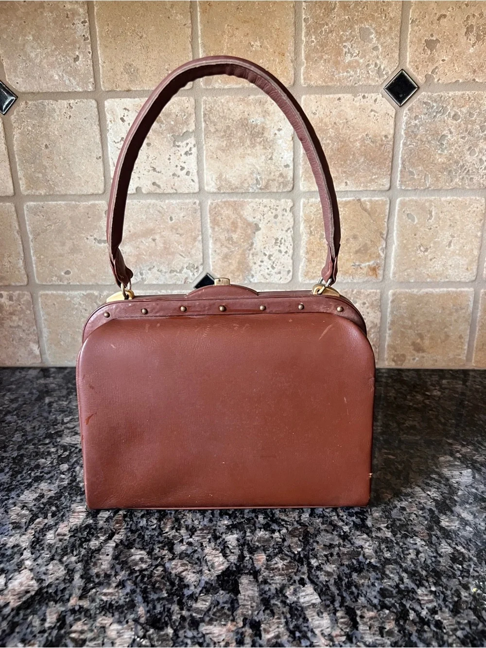 Vintage French Brown Leather| Made in France Top Handle Handbag | 1950s 1960s